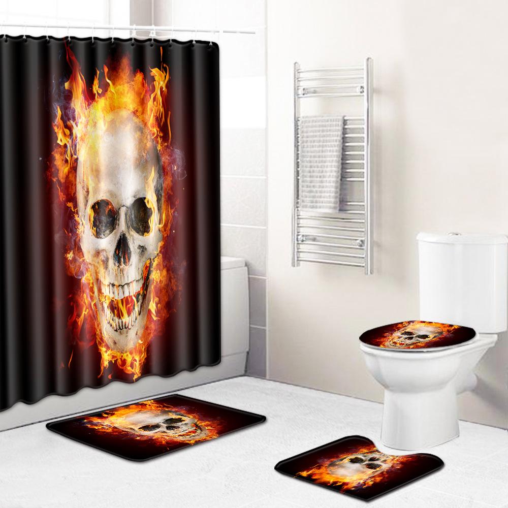 Skull Bathroom Shower Curtain Floor Mat Toilet Cover Foot Pad Four-Piece Pattern Size Fixed Zhi