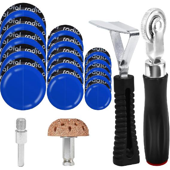 Wayona 35Pcs Tire Repair Patch Kit Heavy Duty, Tire Patches 32/45/58Mm Tire Repair Tools With 40Mm Tire Buffing Wheel Tire Patch Roller Inner Liner