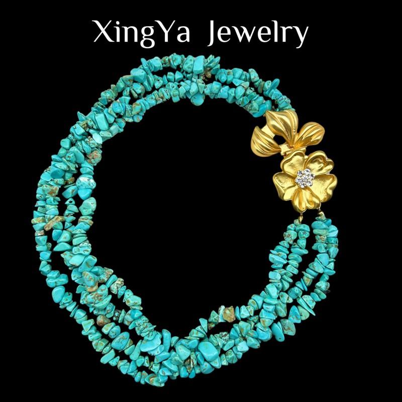 French Retro Temperament Turquoise Necklace Vacation Style Fashionable Flower Buckle Women s Short