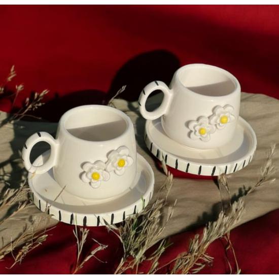2 li El Yapımı Seramik Özel Tasarım Papatya Desenli Türk Kahvesi Fincanı Hediyelik