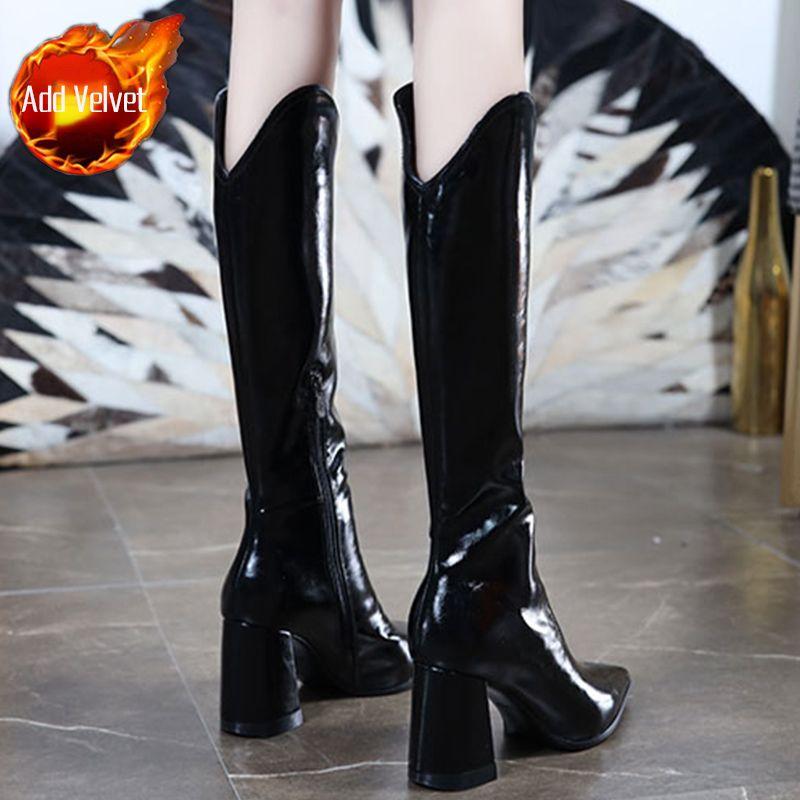 Fashion Black Fleece-Lined Leather Long Boots for Women Pu Cosplay Hot Goth on Offer Footwear Waterproof Y2k Knee High Shaft Shoes Woman