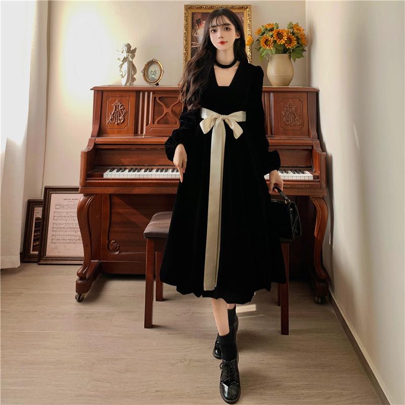 Autumn large size strap bow French dress fat mm women's high-end velvet thin dress long skirt