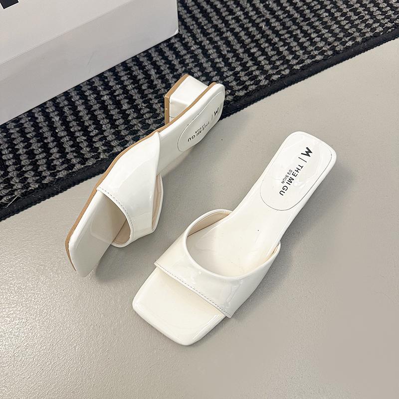 Designer Summer Patent Leather Square Toe Women Slippers Ladies Elegant Outdoor Street Style Thick Heel Slides