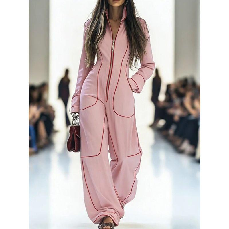 Cross-Border Amazon New Product Cross-Border Autumn and Winter Slim-Fit V-Neck Casual Plus-Size Women s Solid Color Jumpsuit with Large Pockets Pink 2XL