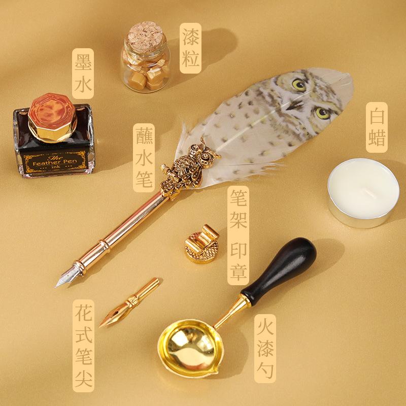 Magische Akademie Federkiel-Tauchstift-Set mit Wachssiegel-Kit, Eulenfeder-Stift Kreatives Geschenk, Schreibwaren Geschenkbox