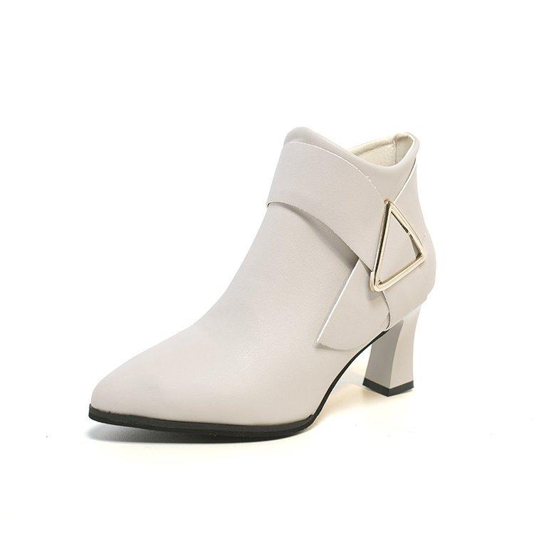 20 autumn and winter new style metal decoration pointed head thick heel fashion short boots women