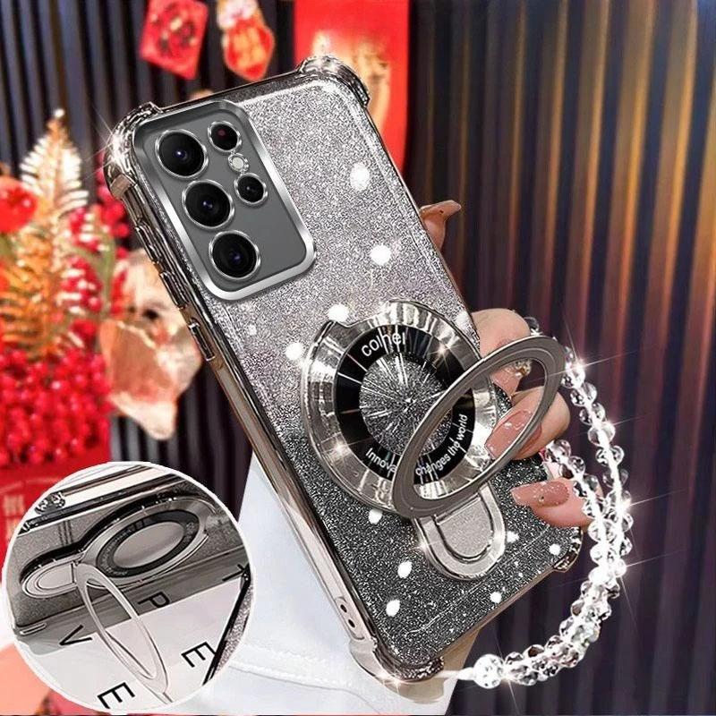 For Samsung Galaxy A17 A07 A56 A16 A26 A36 A06 A15 A25 A35 A55 A05 A14 A24 A34 A54 Glitter Plating Magnetic Holder Bracelet Case