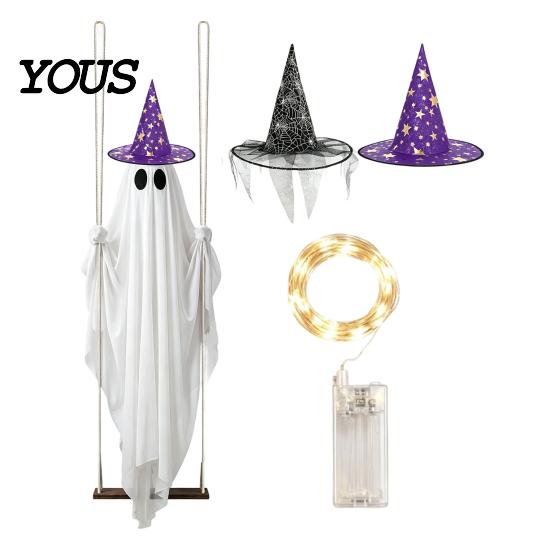 Remote Control Ghost Decor Halloween Swing with 2 Hats, Ornament LED Tree Hanging String Light, Glowing for Porch Garden Witch Hat
