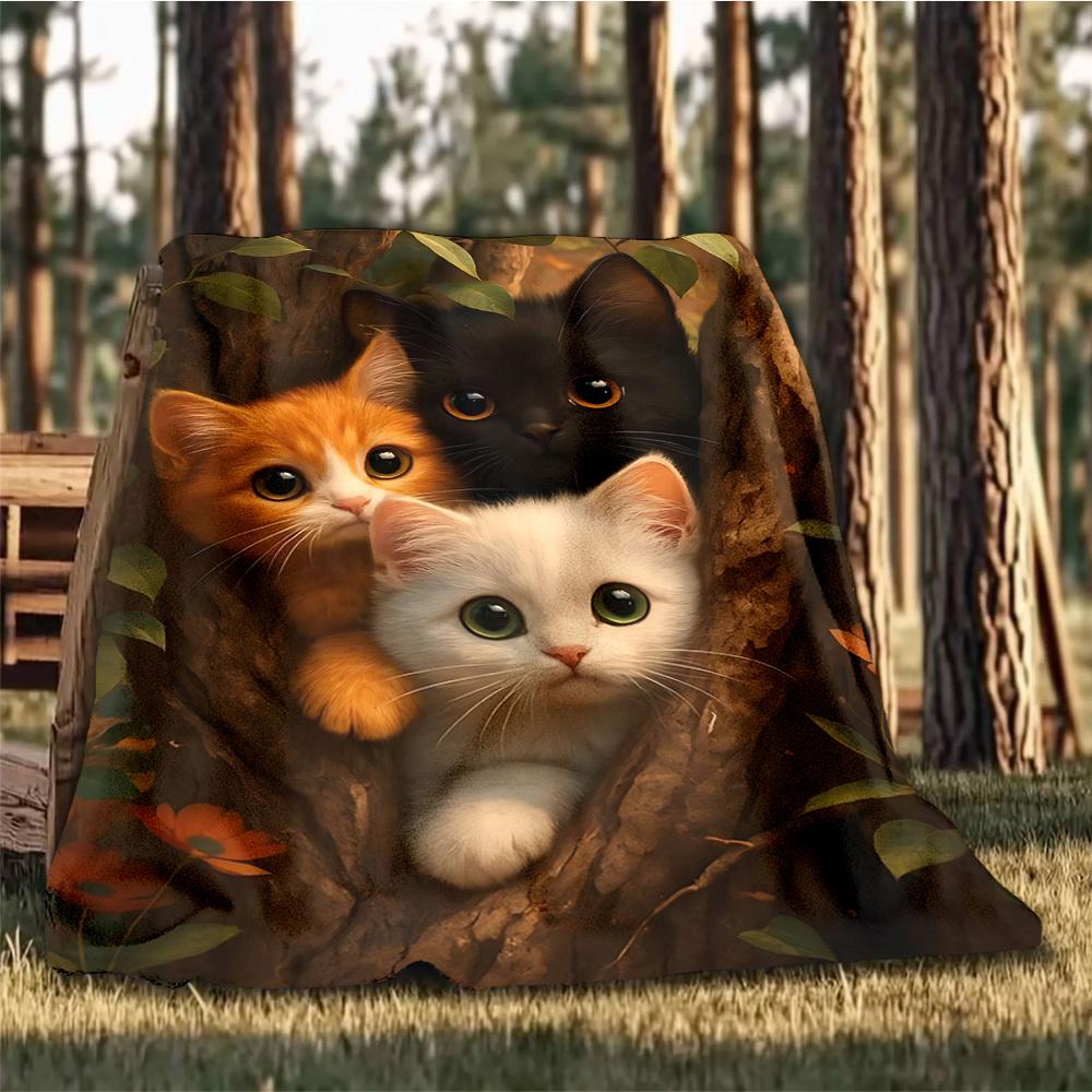 1pc Cat Treehouse Outdoor Flannel Blanket Gift For Boys Girls Adults, Family Friends