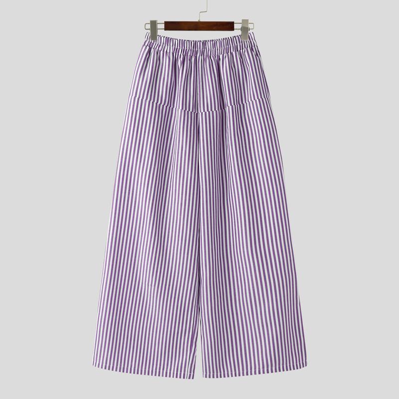 INCERUN Men Elastic Waist Casual Loose Striped Wide Leg Trousers Long Palazzo Pants