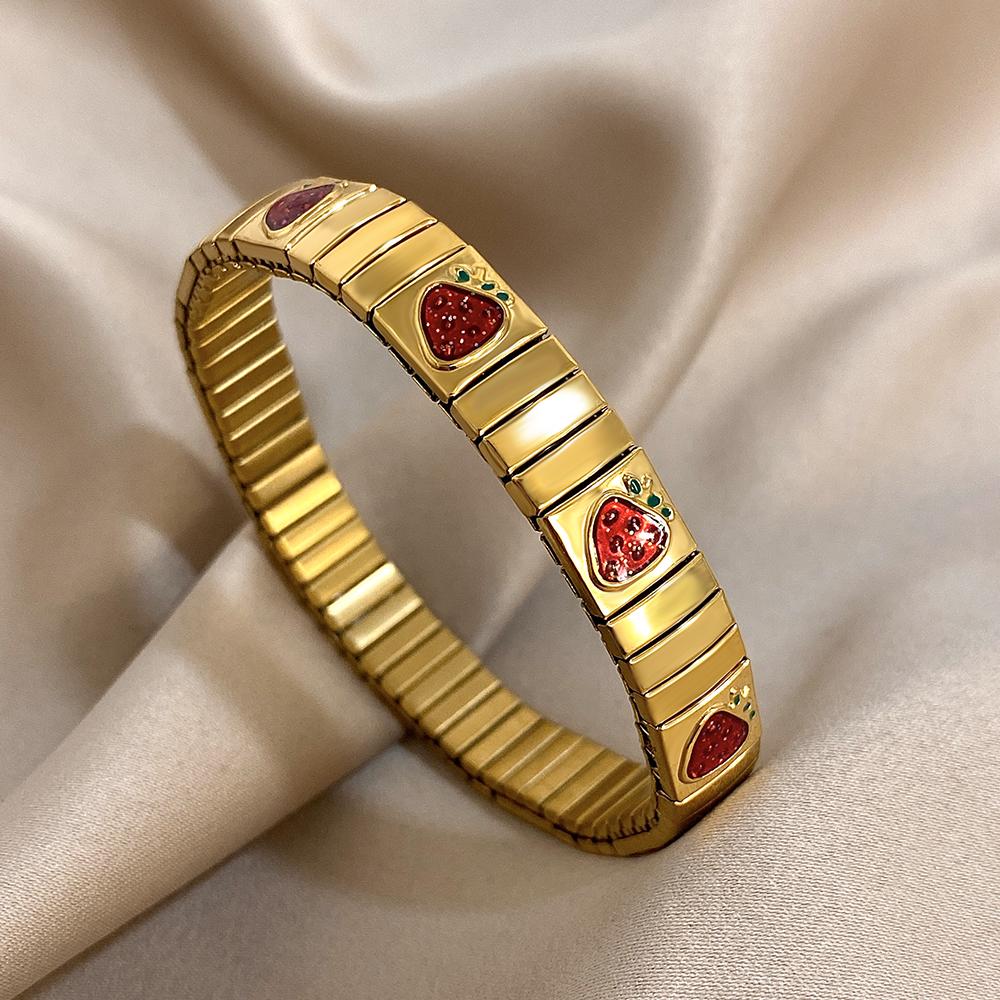 316L Stainless Steel Gold Color Strawberry Cherry Elastic Bangle Bracelet For Women Men Statement New Trend Wrist Zircon Gift