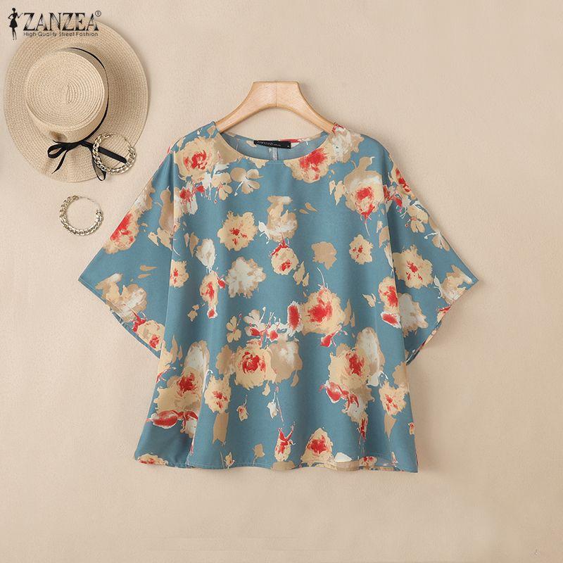 ZANZEA Women Casual Round Neck Half Sleeve Loose Floral Blouse