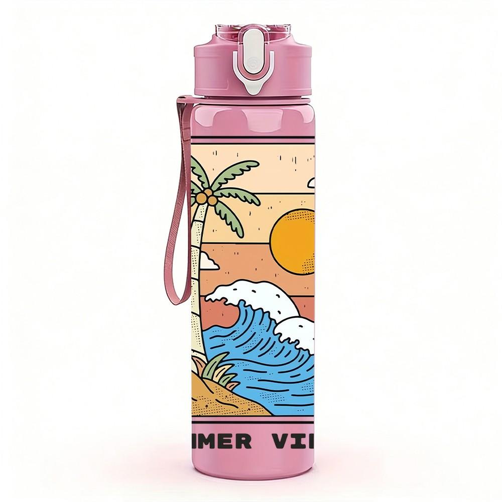 1PC Summer Sunset Beach Wave Vintage Poster 750ml Color Plastic Sports Water Bottle Leakproof Flip Straw Lid Suitable for Sports Office Home Use