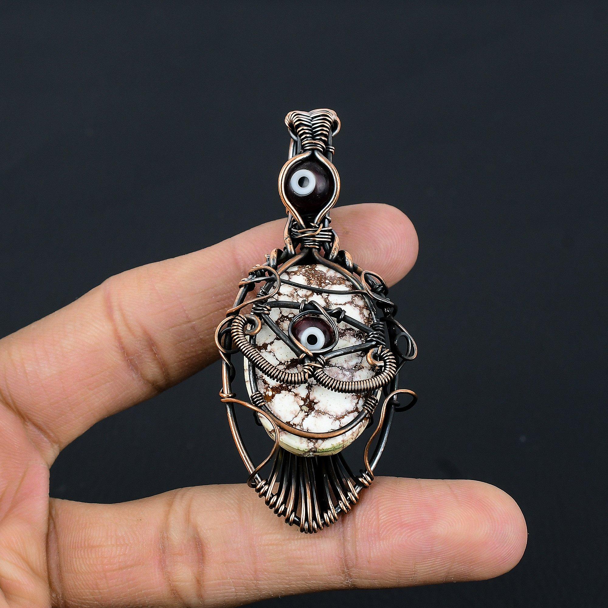 

Wild Horse & Brown Evil Eye Pendant Gemstone Jewelry, 999 Copper Wire Wrapped Handmade Pendant, Latest Design Jewelry 2.55 Inches