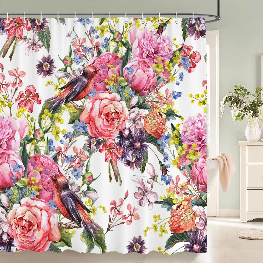 Tenda Doccia Motivo Fiori e Uccelli 3D Paravento Bagno Tessuto Impermeabile Decorazione Bagno 240X180cm Con Ganci Tende Doccia