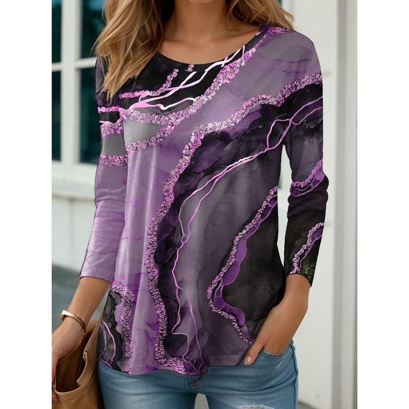 Damen T-Shirt Tee Oberteile Grafik Abstrakt Druck Langarm Täglich Wochenende Mode Rundhalsausschnitt Normale Passform Frühling & Sommer