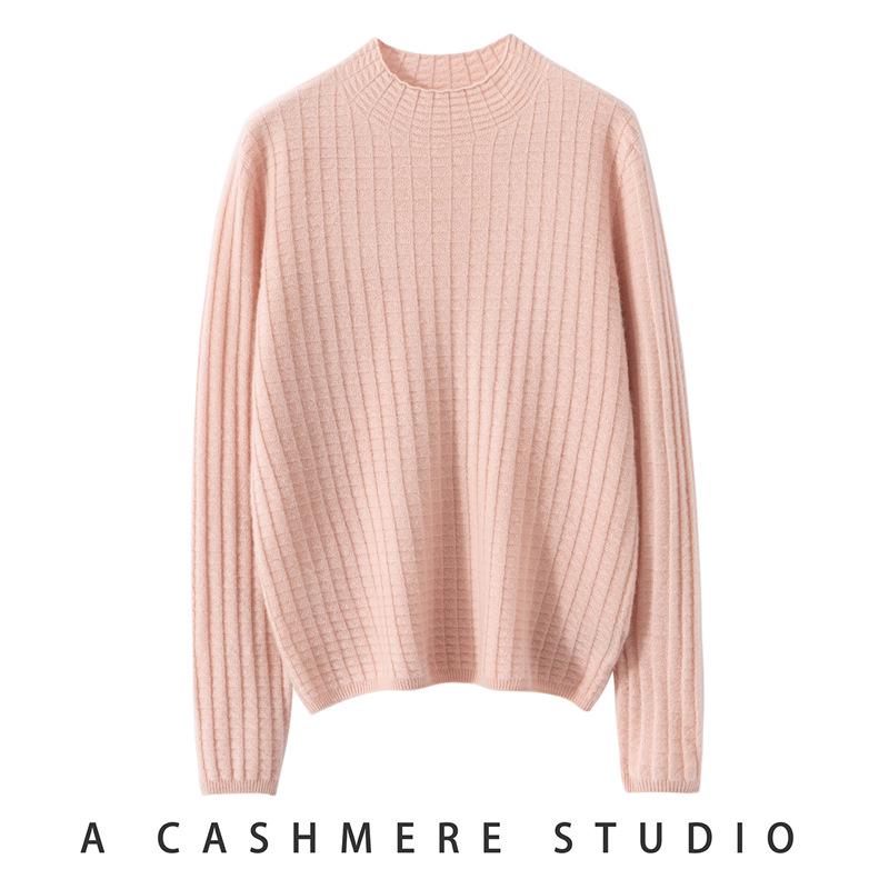 Women's Slimming Cashmere Plaid Pullover – Half-High Neck Knit Sweater