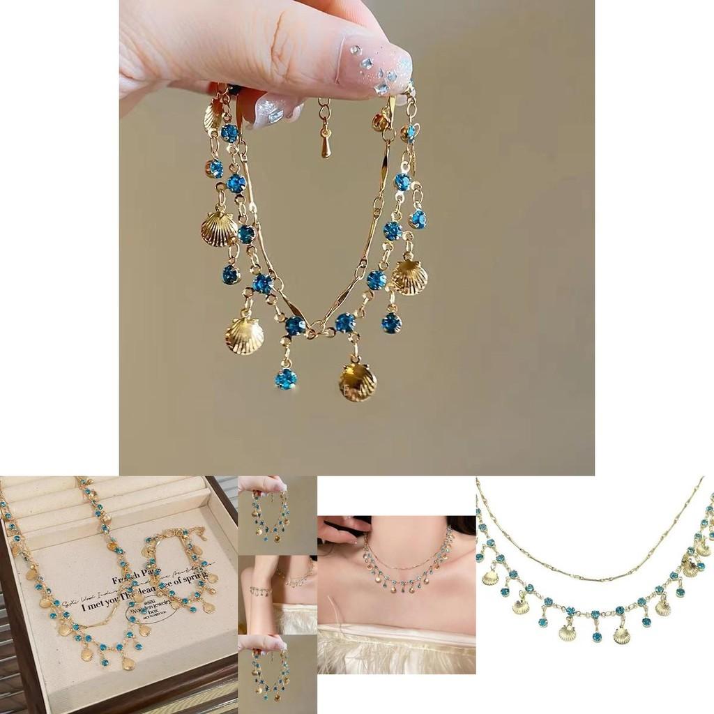 Artistic Blue Shell Necklace With Zircon Elements Exquisite Geometric Design For Women