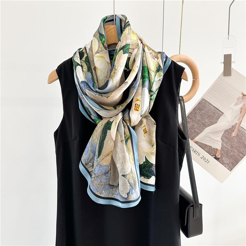 Silk long plain crepe satin silk scarf women's spring and autumn new printing temperament versatile decorative mulberry silk scarf