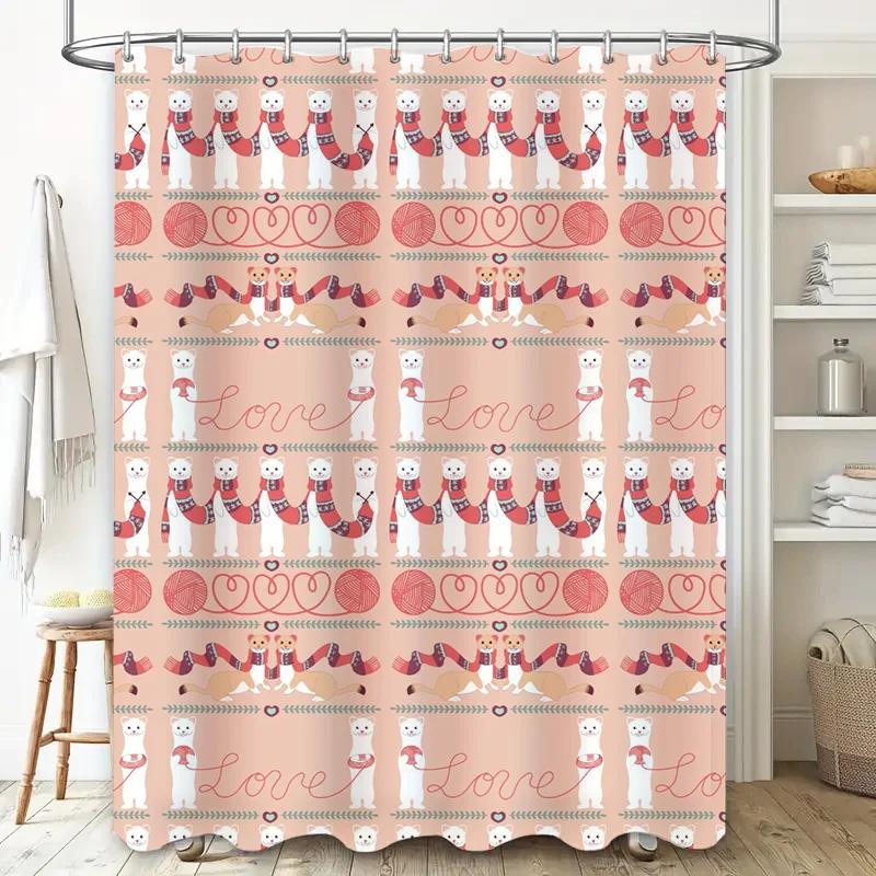 

Kawaii Animal Print Shower Curtain Love Heart Dog Pattern For Bath Decor In Pastel Pink Color With Red Scarves Hearts Design W60H190(CM)-1 Pcs