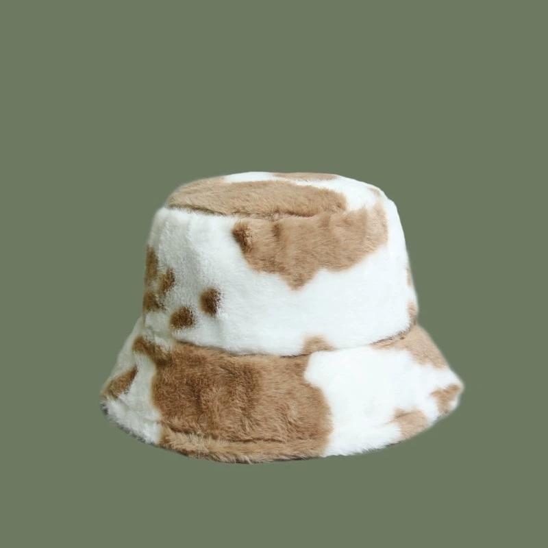 Cow Print Fisherman Hat For Women New Autumn And Winter Style Thickened Warm Bucket Hat Trendy Internet Celebrity Hat