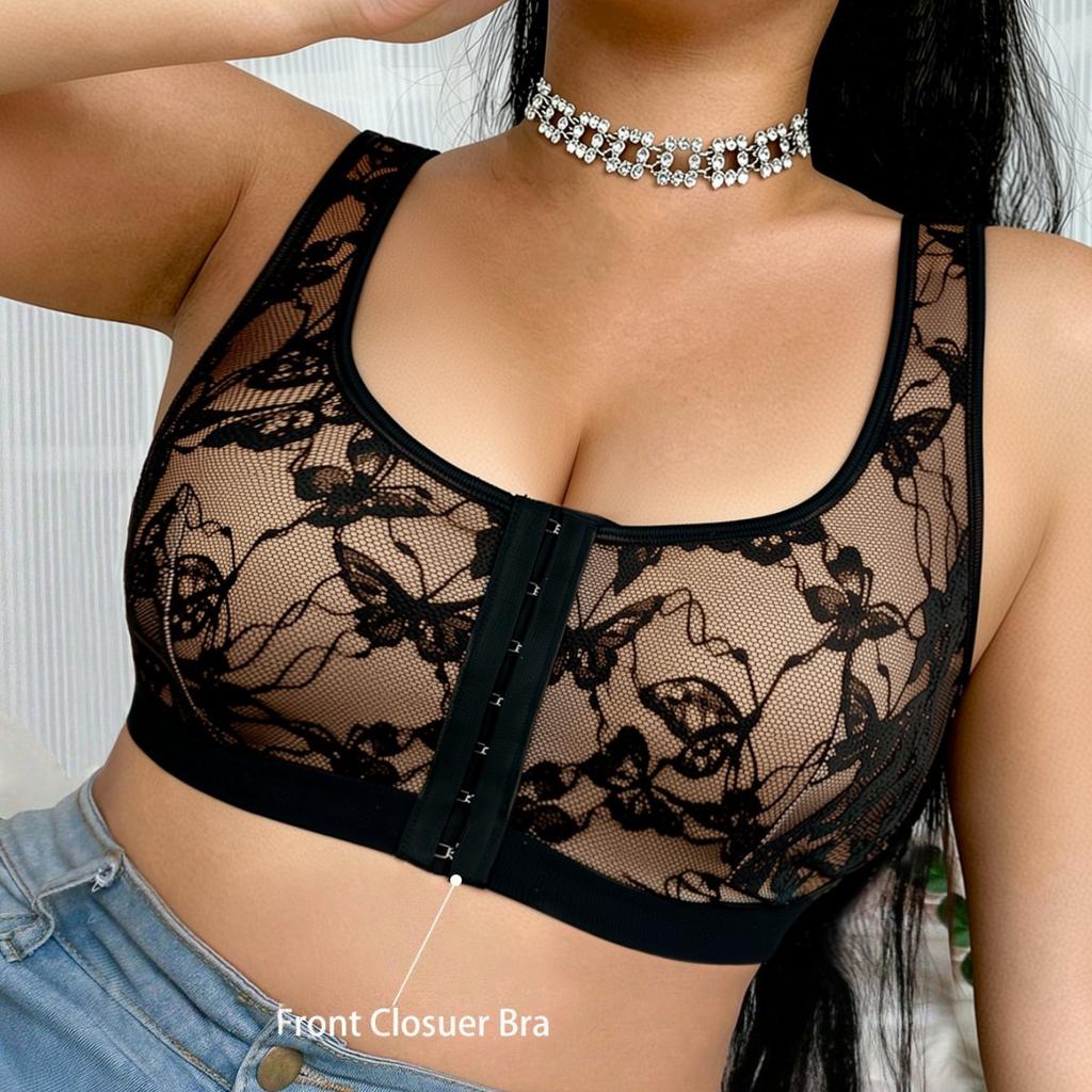 Soutien-gorge Grande Taille Européen Américain Fermeture Devant Motif Brillant Ultra-Fin Confortable Sans Armature Sans Rembourrage Push-Up Brassière