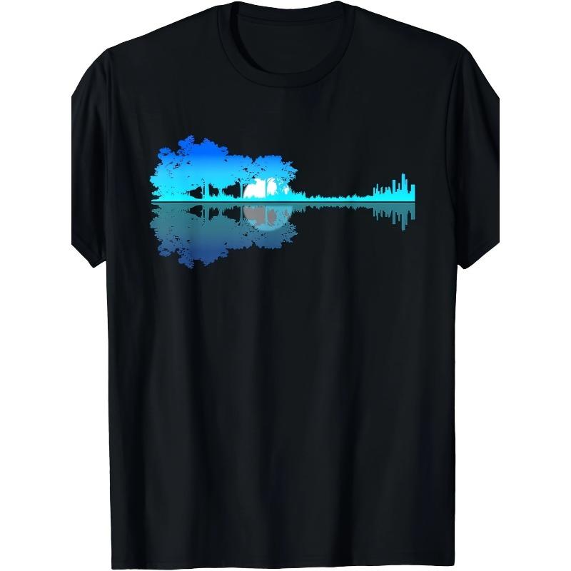

Men s Music-Themed Guitar & Lake Print T-Shirt - Soft Stretch Short Sleeve Crew Neck Summer Tee with Blue/White Guitar for Concerts, Casual Wear S чёрный