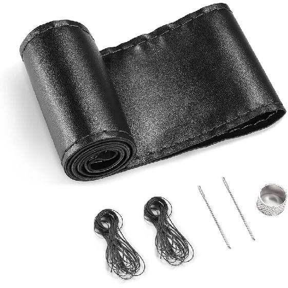 SEG Direct Genuine Leather Steering Wheel Cover, Stitch On Wrap, 15 Inch Steering Wheel Wrap For Car Truck SUV Pickup Boat, DIY Sewing With Needle