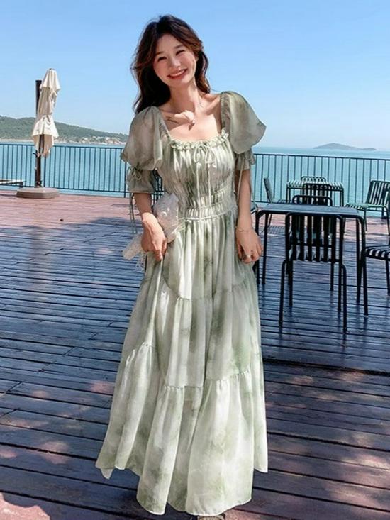 French Romantic Square Neck Floral Dress for Spring & Autumn 2026 - Gentle, Elegant, Long Fairy Vacation Dress