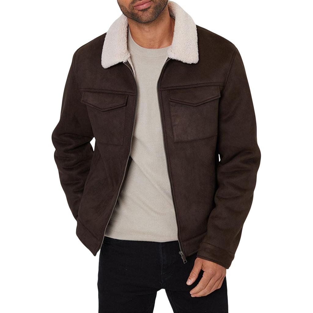 Mens Shearling  Coats Winter Faux Leather Suede Jackets Vintage  Lined Fleece Overcoats