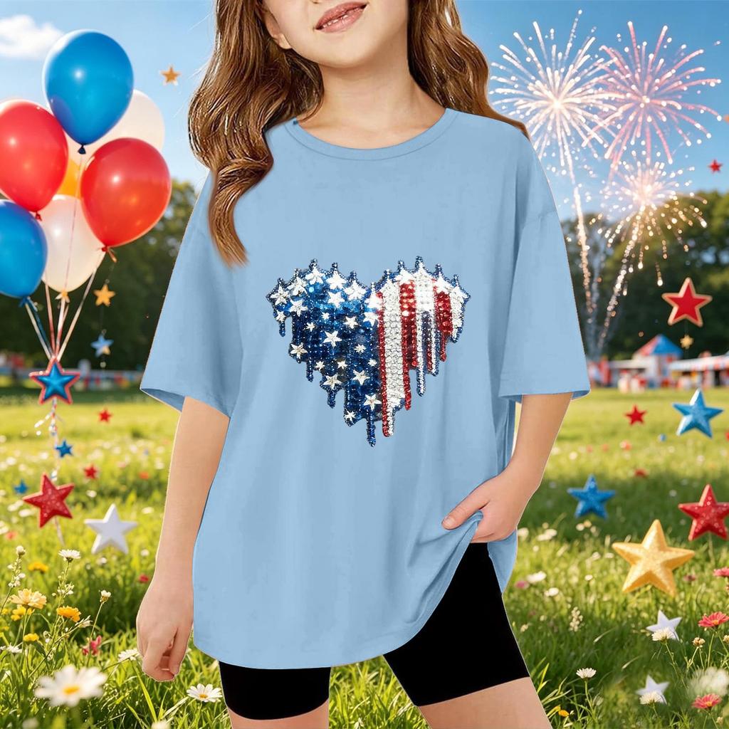 Kids Short Sleeve T-Shirt with Sequin Heart Print Independence Day Top Casual Loose Fit Tee for Boys and Girls Summer Wear