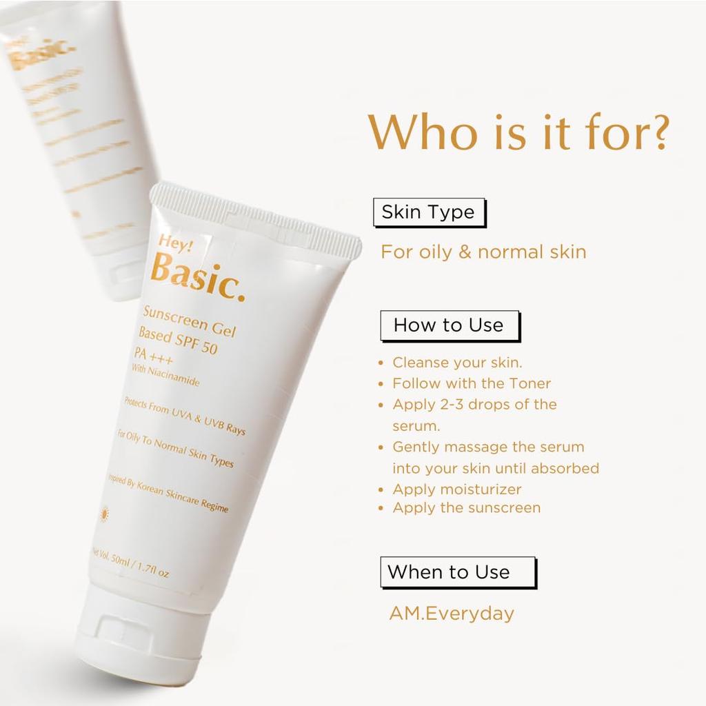 Hey Basic Sunscreen Gel SPF 50 PA++ with Niacinamide - Broad Spectrum UV A & UV B Protection - Gel Sunscreen for Oily Skin to Normal Skin Types,
