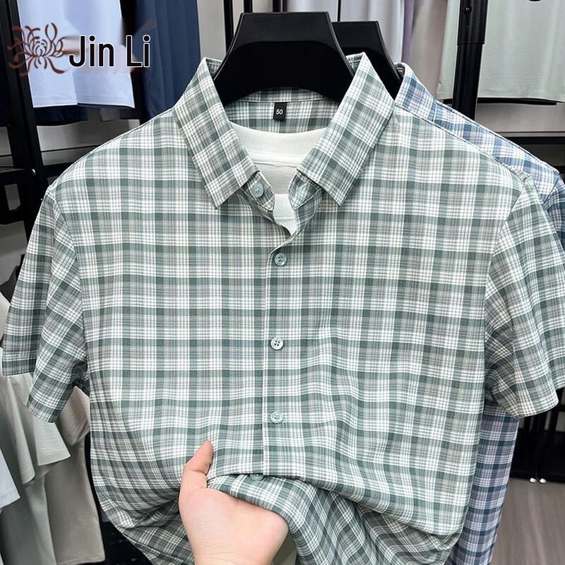 Jinjv 2026 Summer Men s Short-Sleeve Plaid Shirt 52
