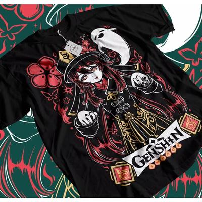 Trend Summer 2026 Role Playing Male Black and White Hu Tao Tshirt Genshin Impact Gorgeous Anime Pattern Tshirt