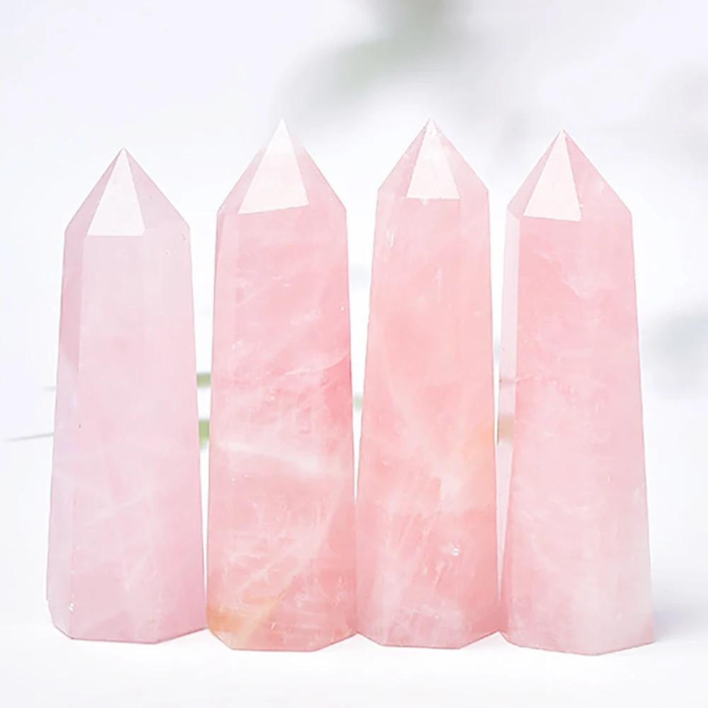Set da 4 Pezzi Punta di Cristallo di Quarzo Rosa Naturale Bacchetta Cristallo Rosa Prisma Esagonale Pietra Obelisco Lucidato a Mano Artigianato per Ornamento Domestico