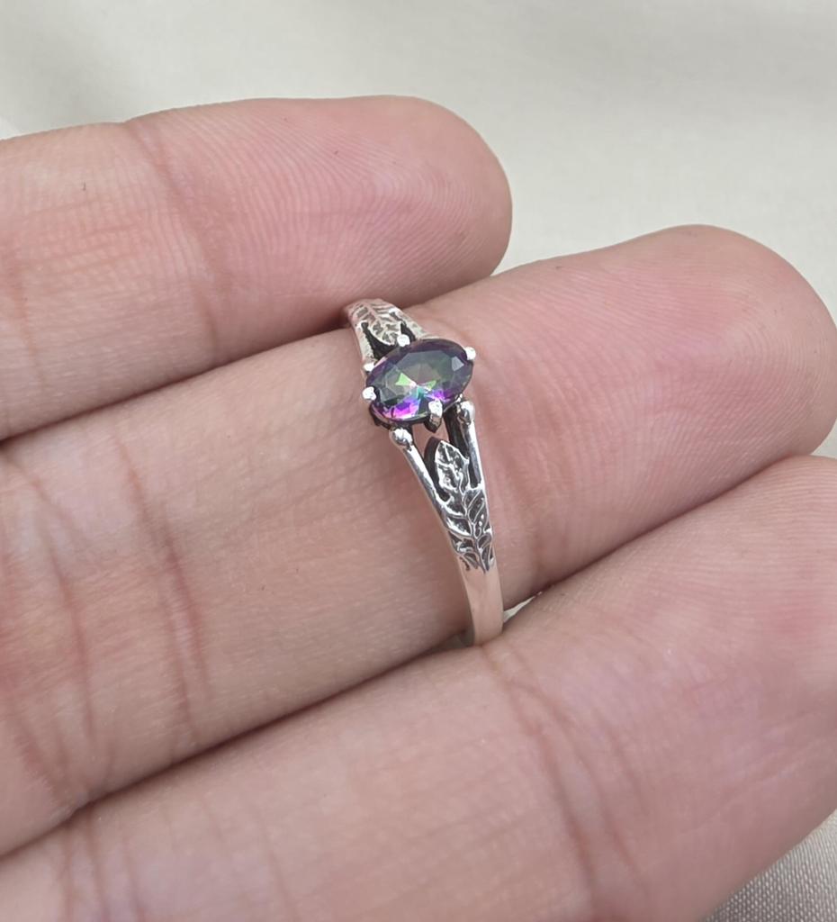 925 Sterling Silver Mystic Quartz Ring, Rainbow Oval Gemstone Ring, Colorful Crystal Jewelry