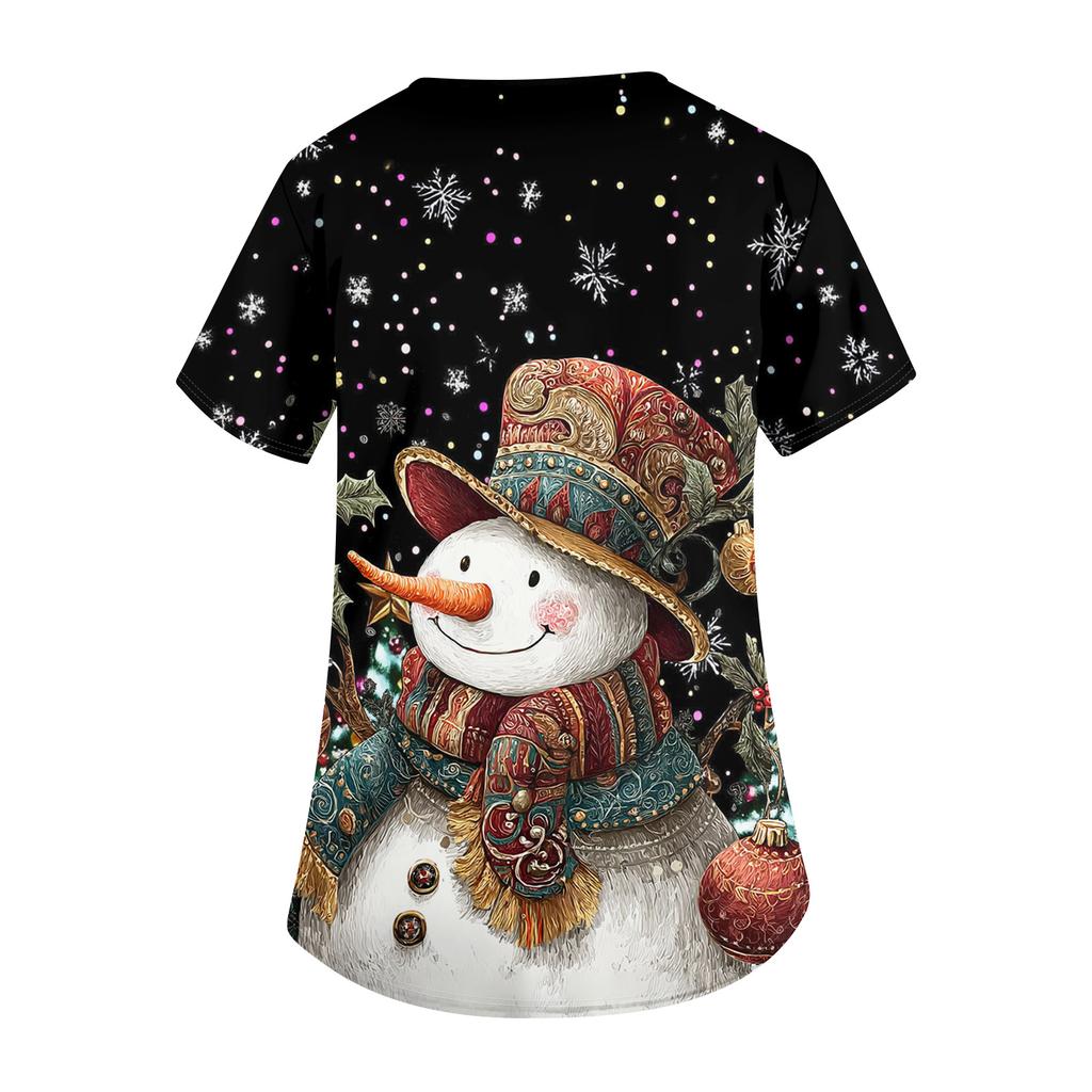 Women's Cute Bow Printed Work Clothes V-neck Double Layer Pockets Basic Short Sleeve Top Pullover