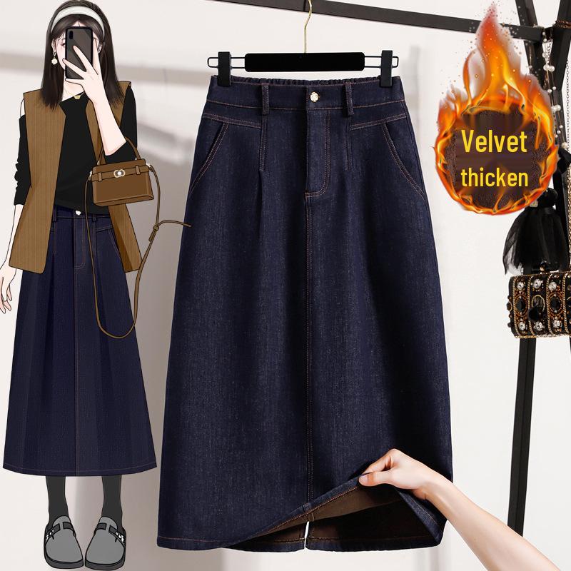 

Winter Plus Size Velvet-Lined Elastic A-Line Denim Skirt for Chubby Girls 4XL темно-синього кольору