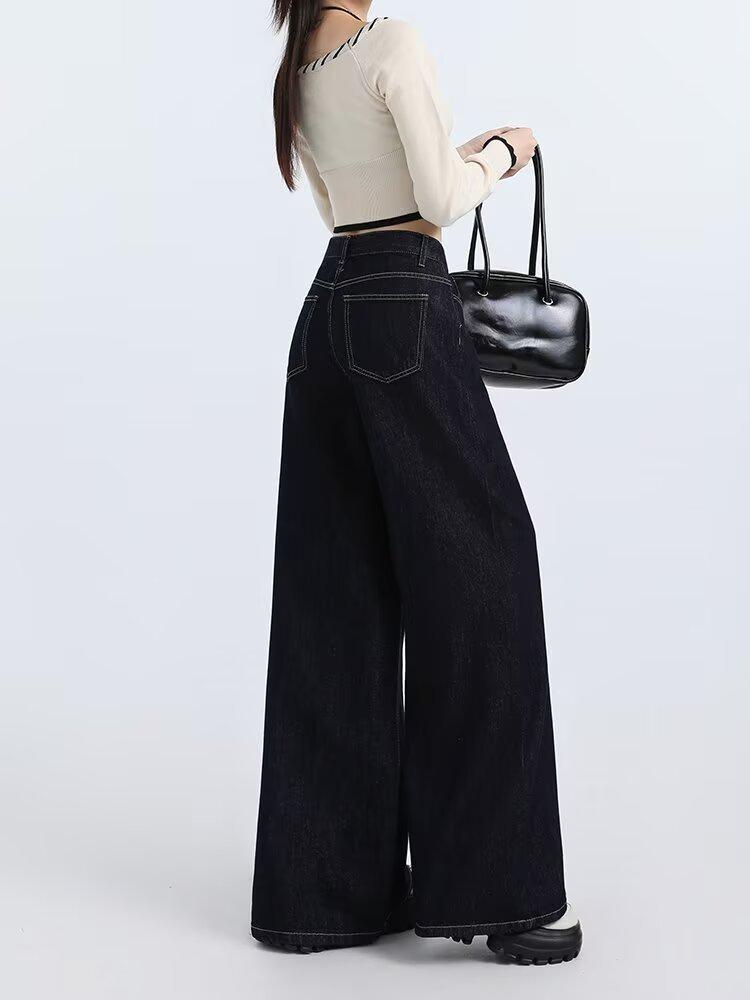 Retro High Waist Wide Leg Denim Pants for Women - Autumn 2024 Collection, Versatile, Loose, and Floor-Length