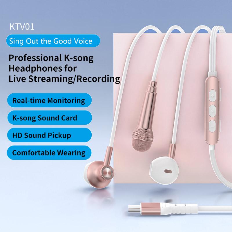 Type-C For Live Broadcast Karaoke Earphones With Sound Card Headphones With 2 HD Mic In-ear Surround Sound Headsets for Samsung