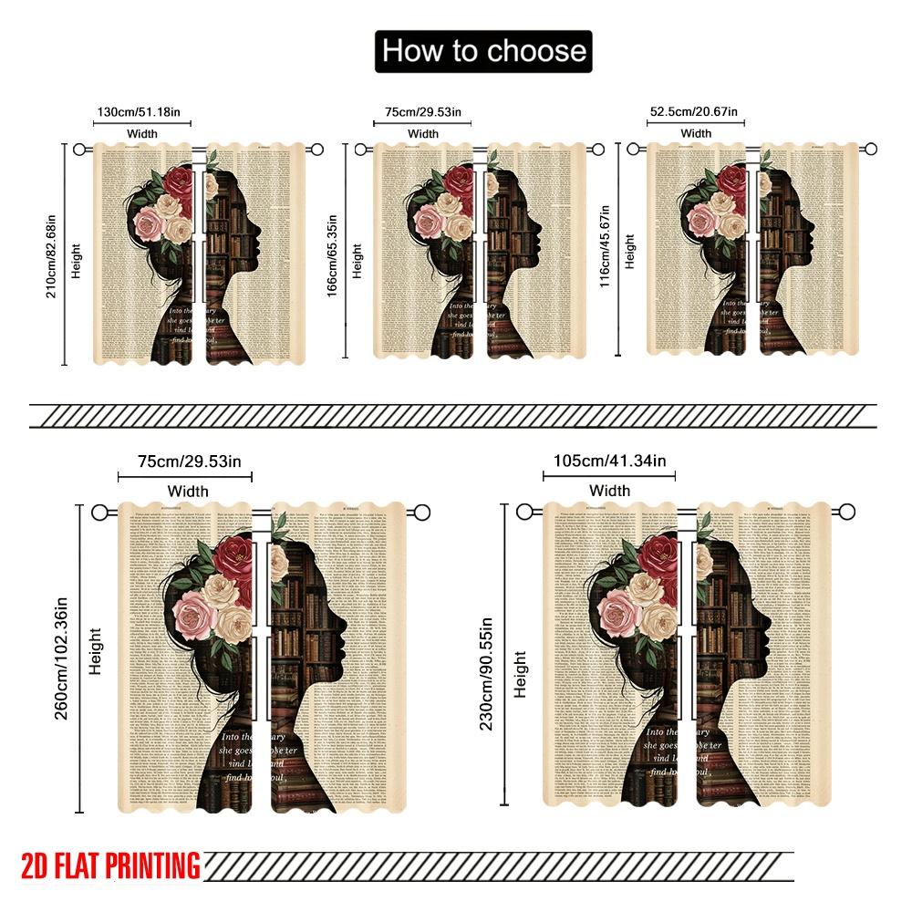 2pcs 2D flat printing Curtain Vintage Book Woman Floral 100% Polyester Fabric Without Electricity Seasonal Party & Holiday Decor