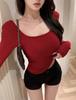 New Style Sexy Hottie Big Halter Strap Chest Pad Long-sleeved Slim T-shirt for Women U-neck Tight Bottoming Shirt for Women