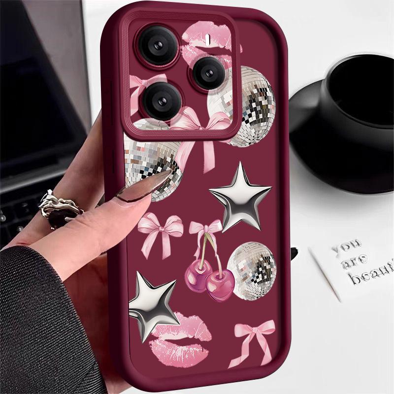 Cherry Bowknots Lips Disco Ball Pattern Case For Xiaomi Redmi Note 14 13 Pro 5G 4G 12 11 Funda Xiaomi 14T 13T 11T Pro Shockproof Bumper Silicone Cover