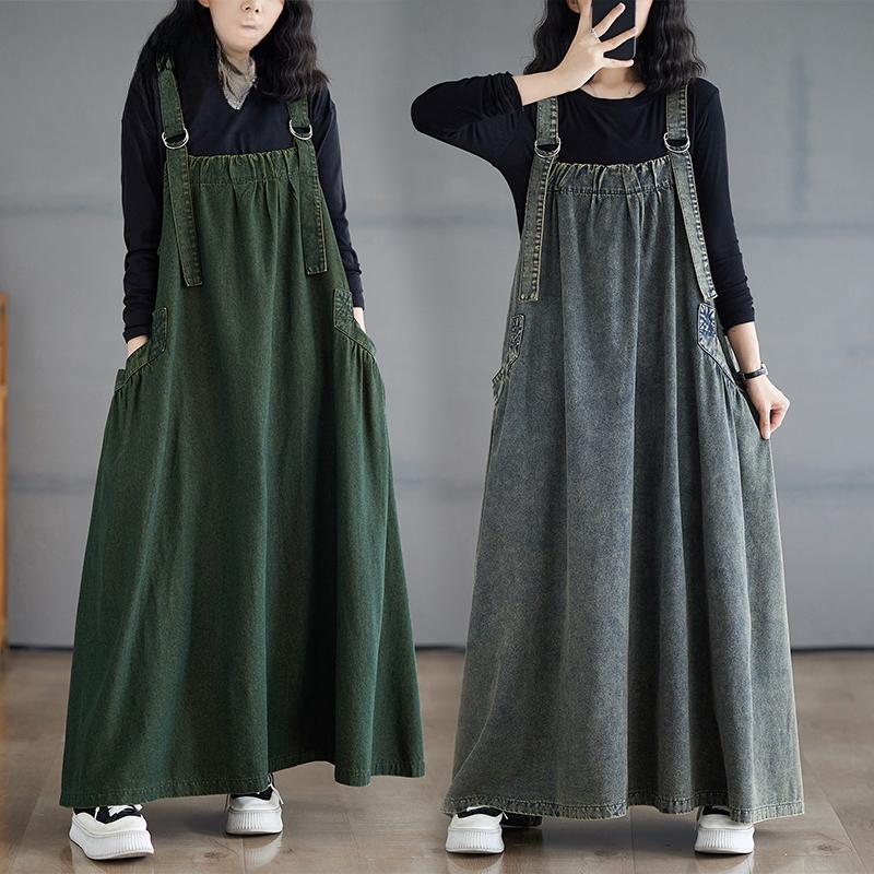 Korean Style Autumn Winter Women Plus Size Sundress Suspenders Brown Blue Green Casual Loose Dress Sleeveless Stylish Baggy Denim Dress EMA