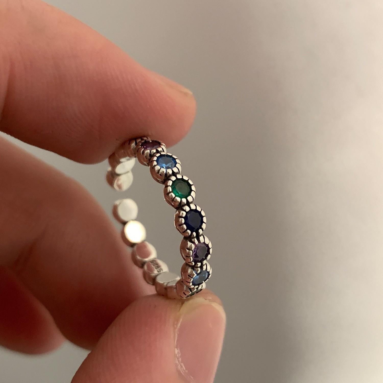 

S925 Потрясающее Кольцо из Чистого Серебра Винтаж Радужный Циркон Открытое Регулируемое для Женщин Мода