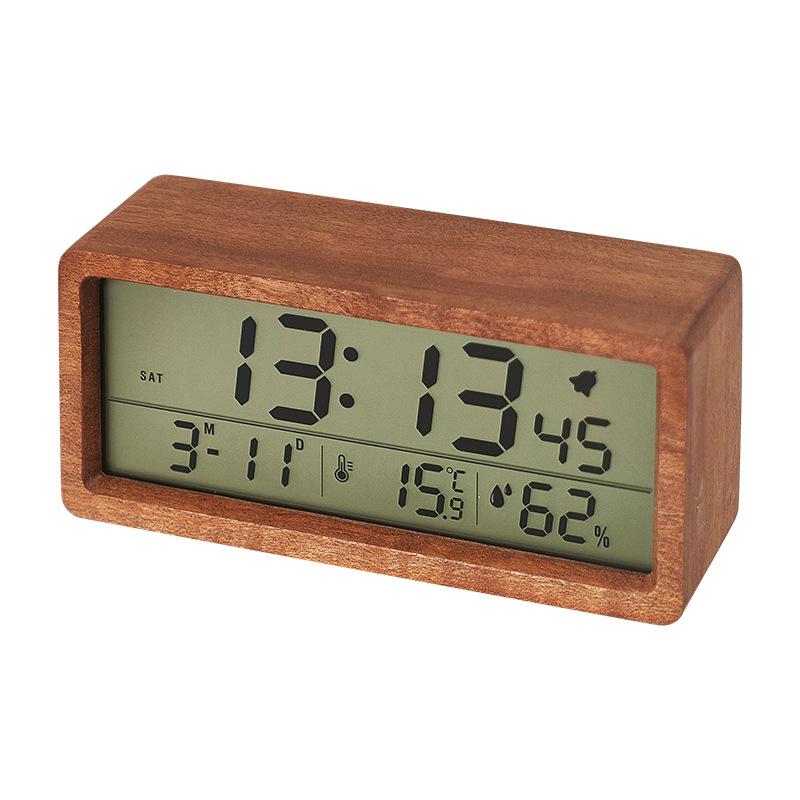 Large Screen Date Temperature LED Wooden Digital Alarm Clock Multifunctional Humidity Backlight 12/24 Hour Snooze Table Clock