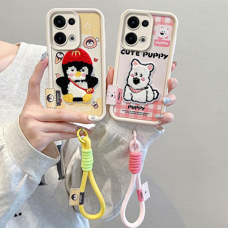 KEYSION Cartoon Cute Plush Embroidery Case for OPPO Reno13 5G with Lanyard Silicone Shockproof Phone Cover for OPPO Reno 13 Pro 5G