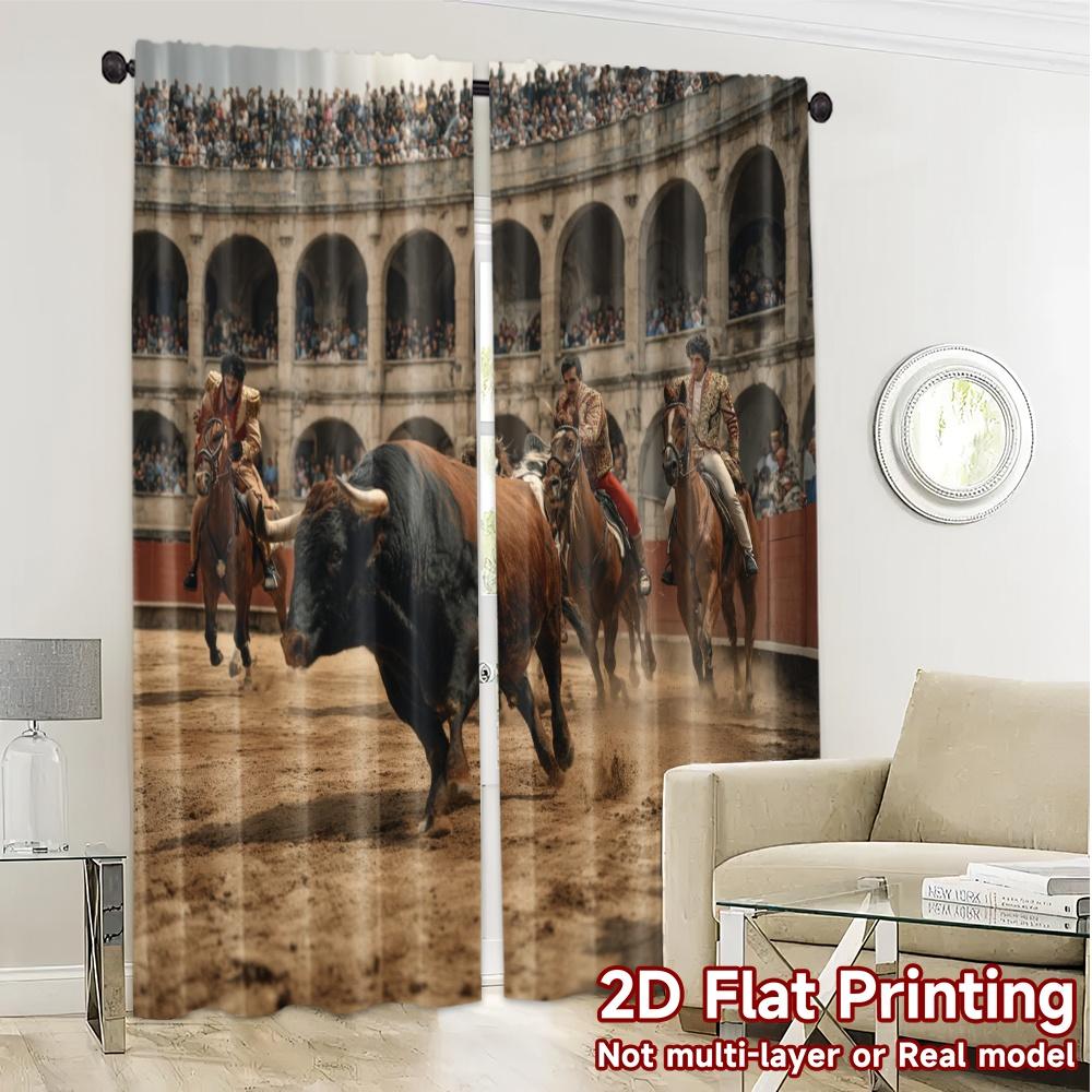 Set Of 2 Modern Flat Printing Curtains Without Rod Bullring Drama Prints Curtain With Sheer Polyester