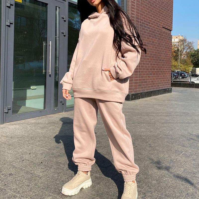 Women's Autumn/Winter Fashion Solid Color Hooded Sweatshirt Casual Two-Piece Set