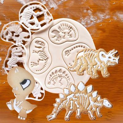 4 Peças Novo Fóssil de Dinossauro Cortadores de Biscoito de Dinossauro Molde Plástico Relevo Molde de Biscoito Ferramentas Sugarcraft Molde de Assar Cozinha